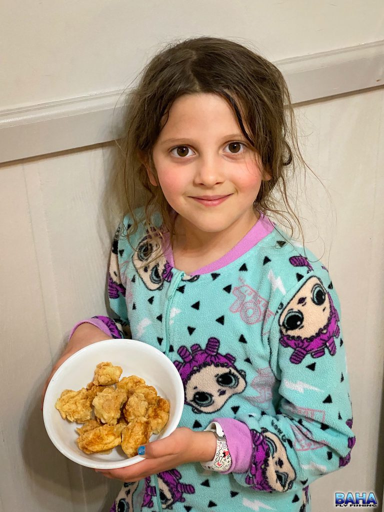 Emma with our popcorn fish